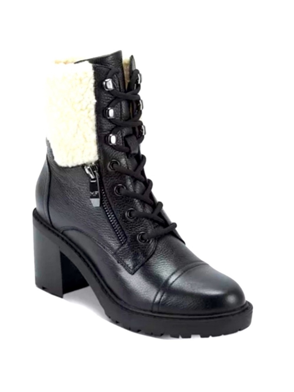 Marc Fisher Black Leather Combat Boots with Cream Shearling Cuff